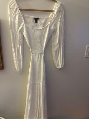 Forever 21 White Smocked Maxi Dress with Long Sleeves